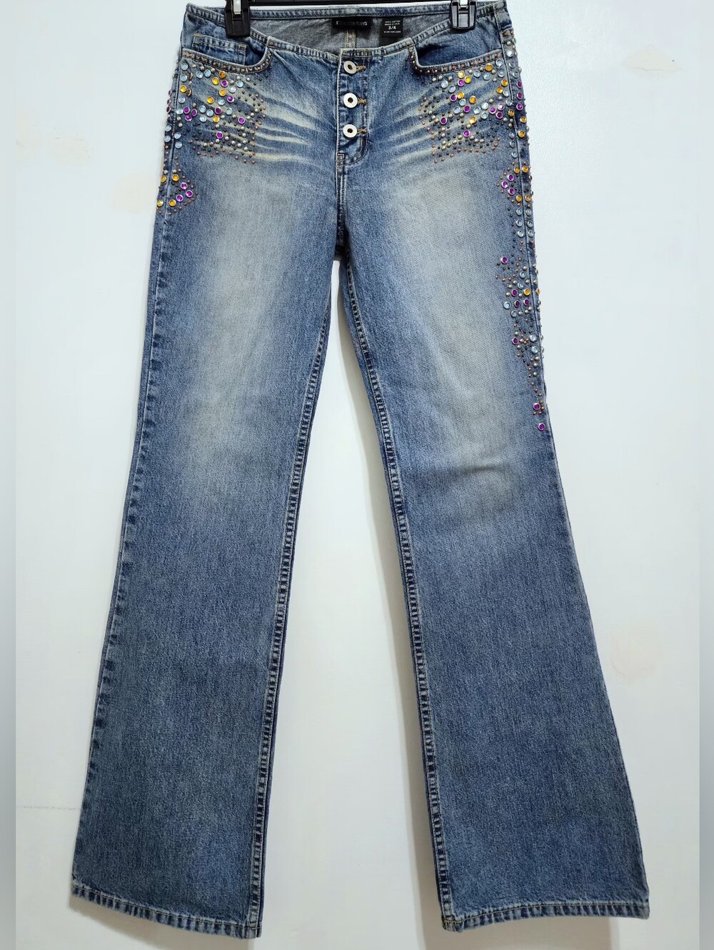 Express Vintage Y2K Rhinestone Embellished Flare Jeans Mid Wash Low Rise Sz 3/4